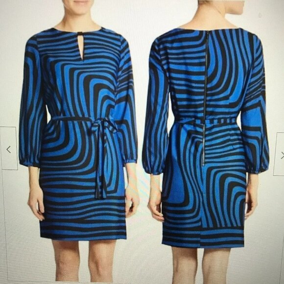 Tahari Cobalt Blue/Black Wavy Stripe Shift Dress - Picture 1 of 12